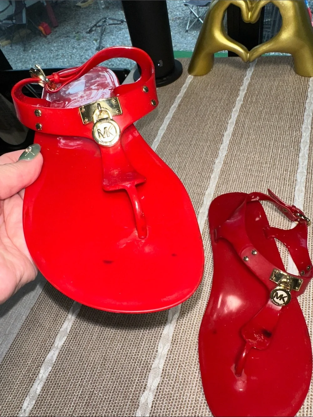 Michael Kors Red Jelly T-Strap Sandals with Gold MK Accents